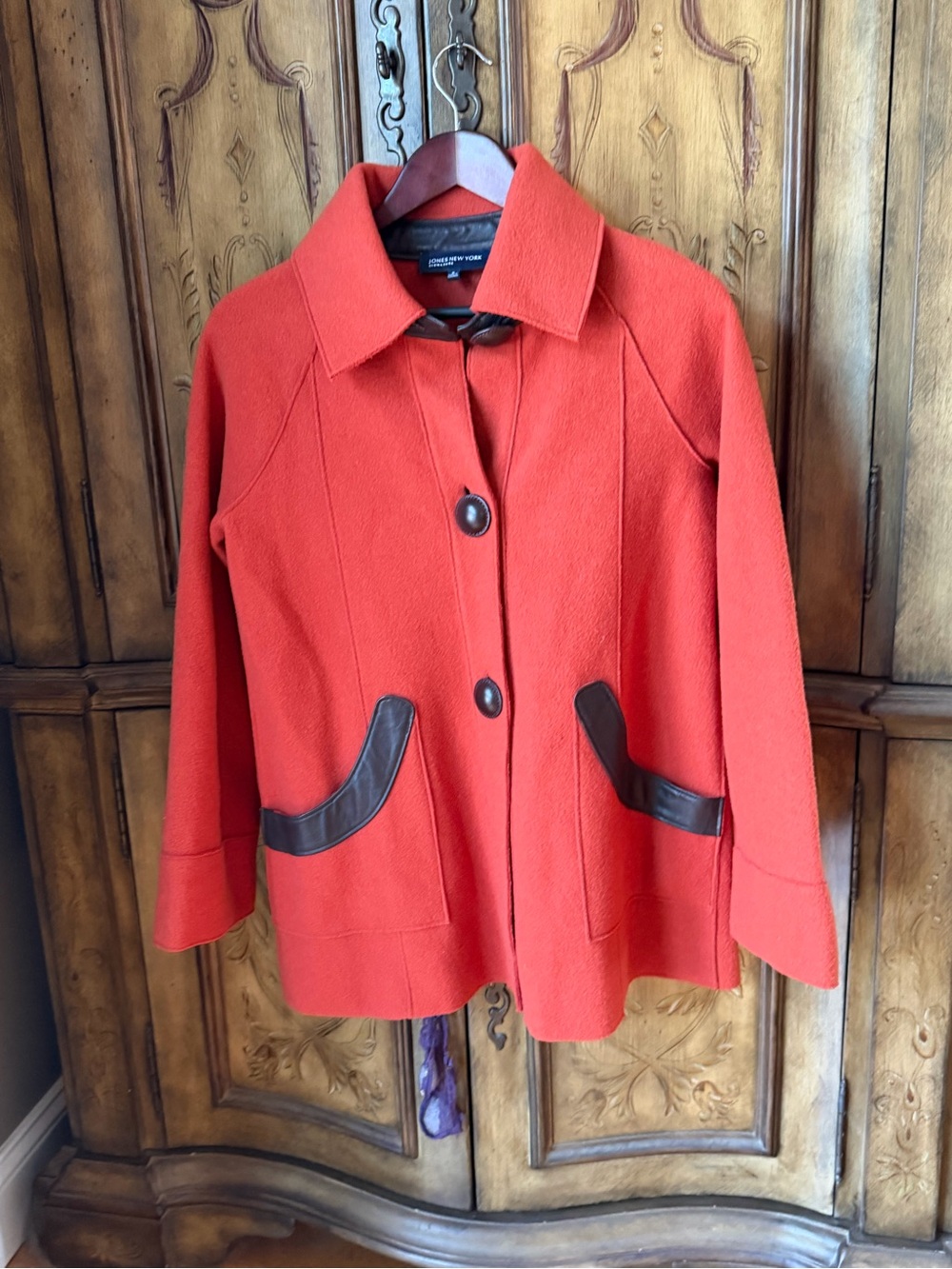 JONES NEW YORK Red Wool Blend Button Jacket with Faux Leather Trim